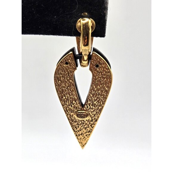 Vintage Oscar de la Renta signed ClipOn Earrings Black Enamel Gold-Tone Crystal - Picture 2 of 7